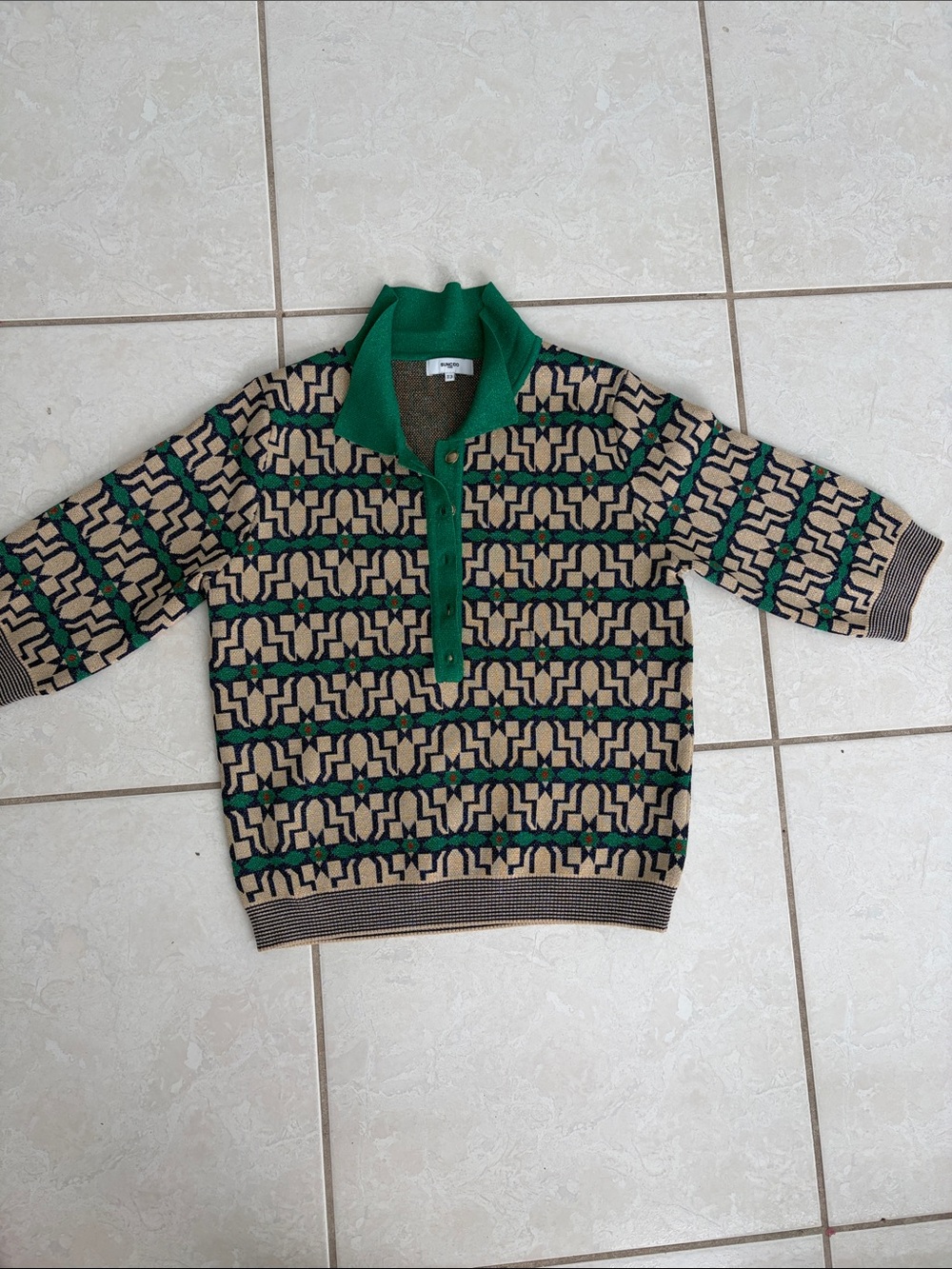 SUNCOO Green and Beige Geometric Short-Sleeve Zip Sweater